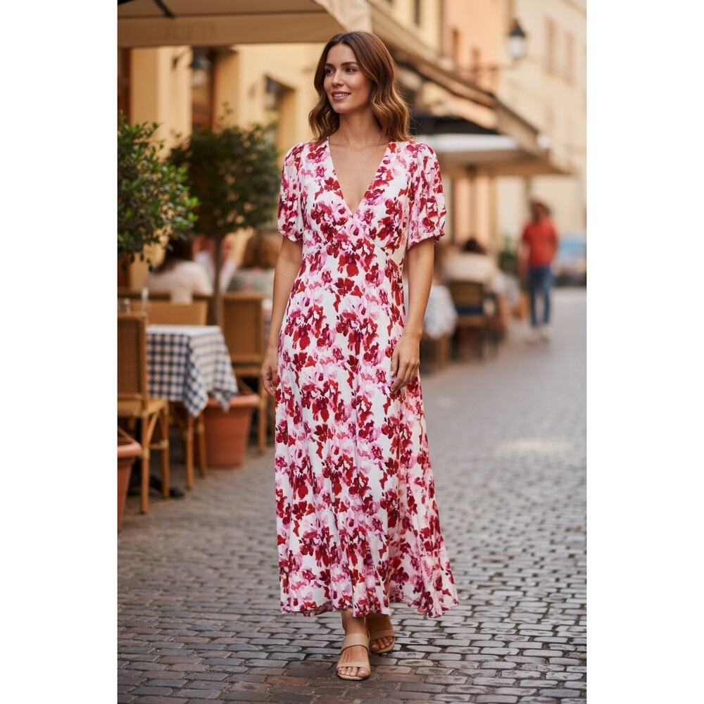 New A New Day Floral Midi Dress Red Print Crepe Puff Sleeves Women's M